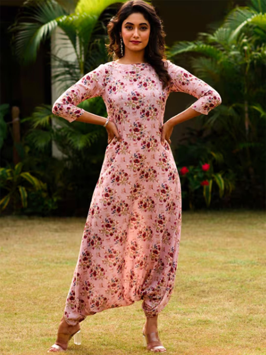 

Pasha Printed Dhoti Jumpsuit With Dupatta, Pink