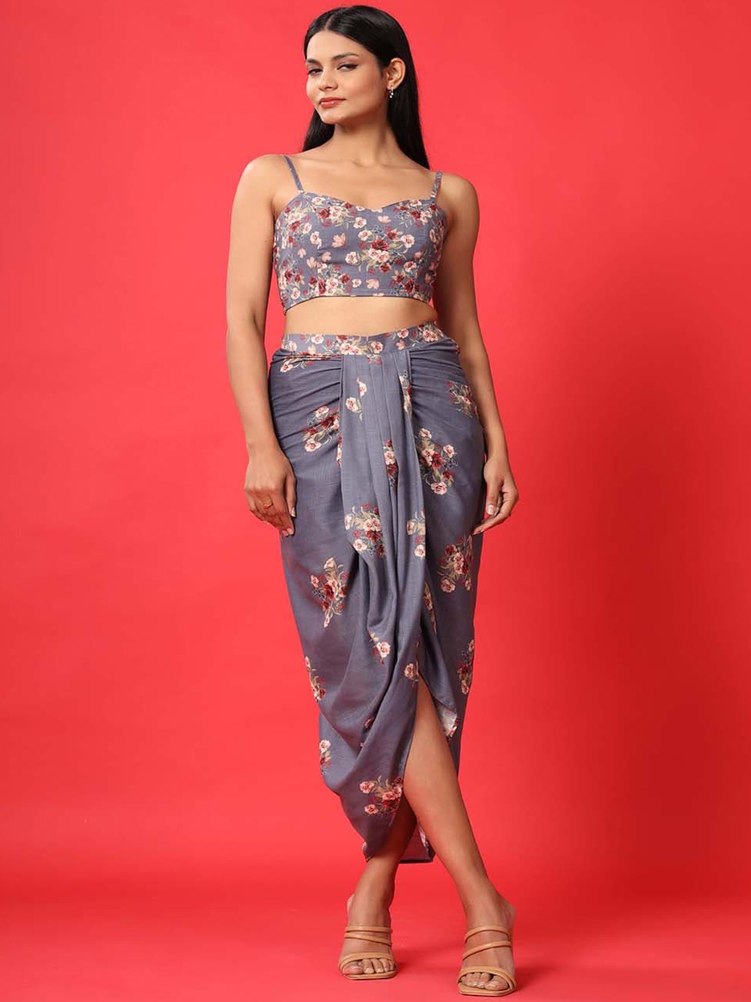 

Pasha Floral Printed Shoulder Straps Top With Skirt, Blue