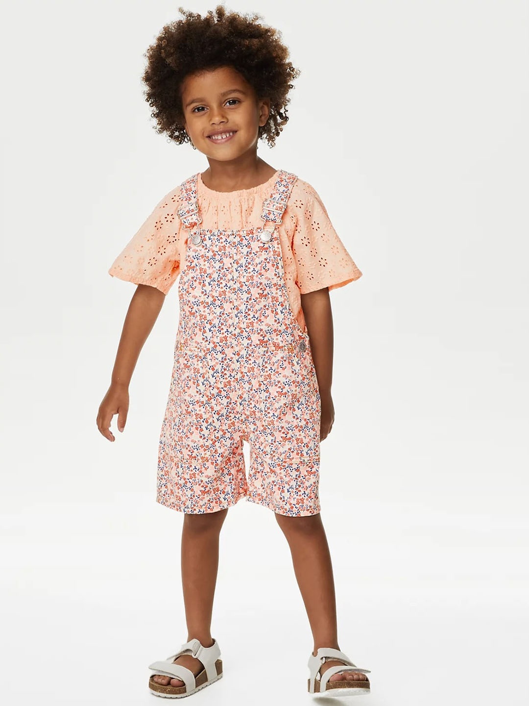 

Marks & Spencer Girls Printed Straight Leg Dungaree With Top, Peach