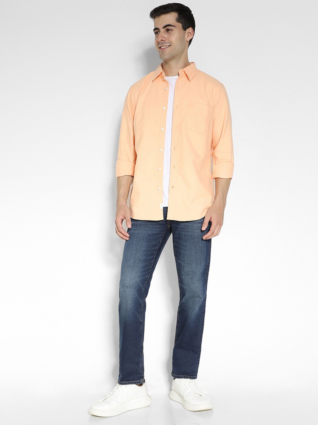 

AMERICAN EAGLE OUTFITTERS Slim Fit Button Down Collar Long Sleeves Cotton Casual Shirt, Peach