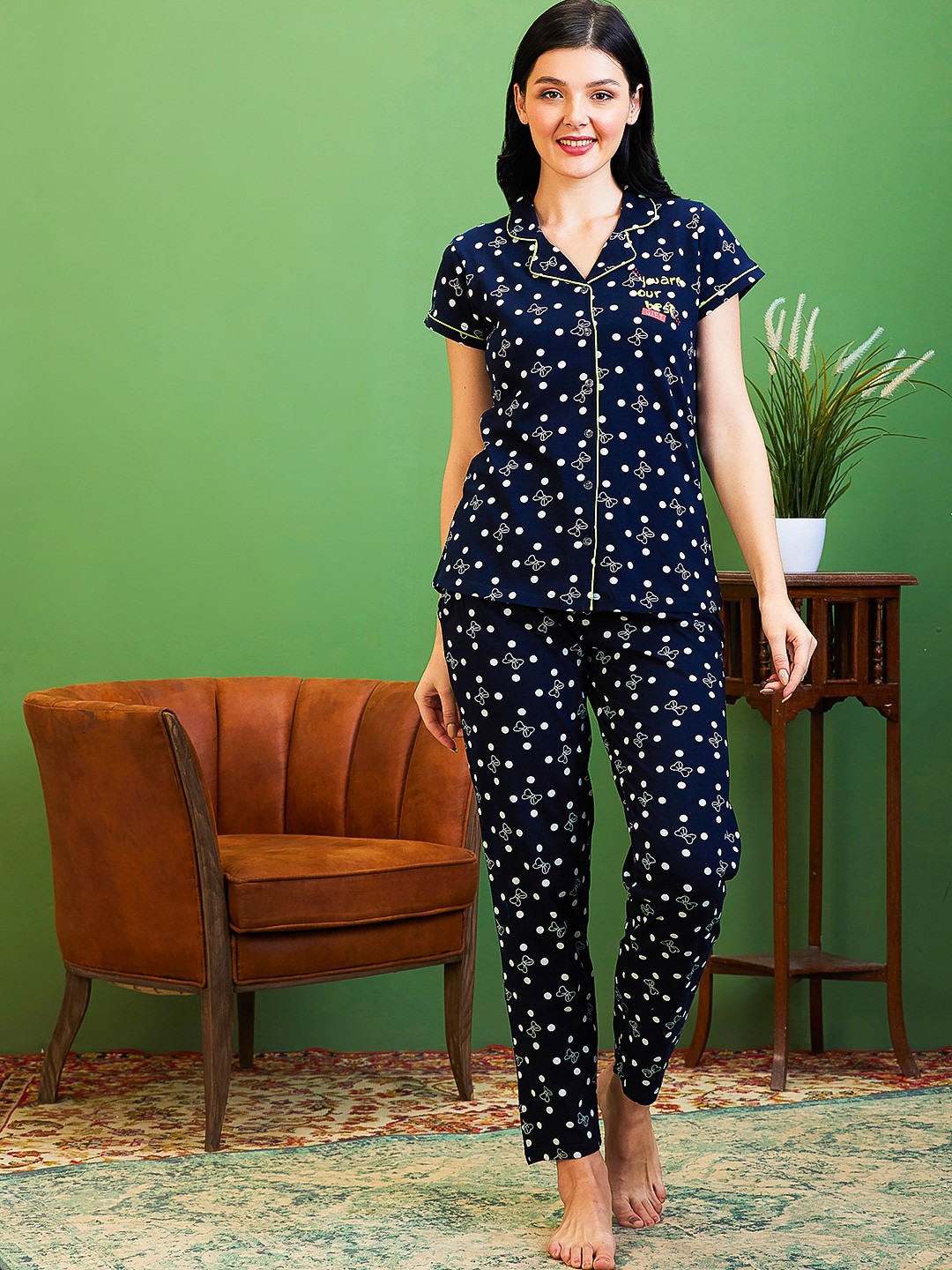 

AV2 Printed Pure Cotton Shirt With Pyjamas, Navy blue
