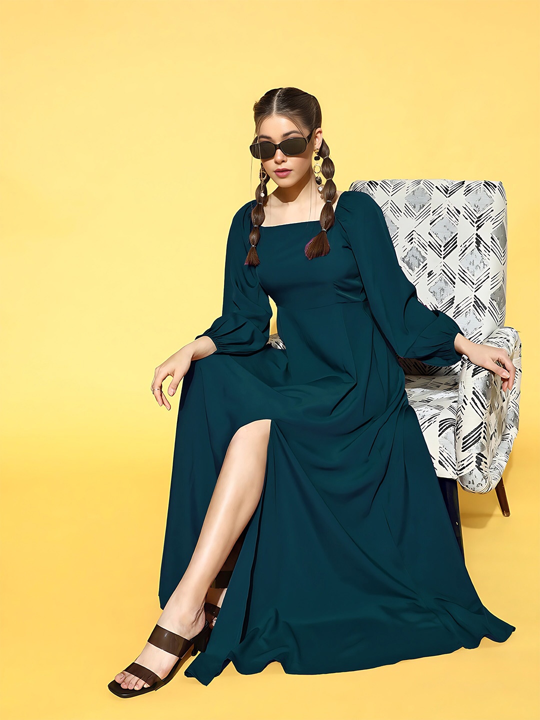 

Femvy Square Neck Puff Sleeves Slit Maxi Dress, Blue