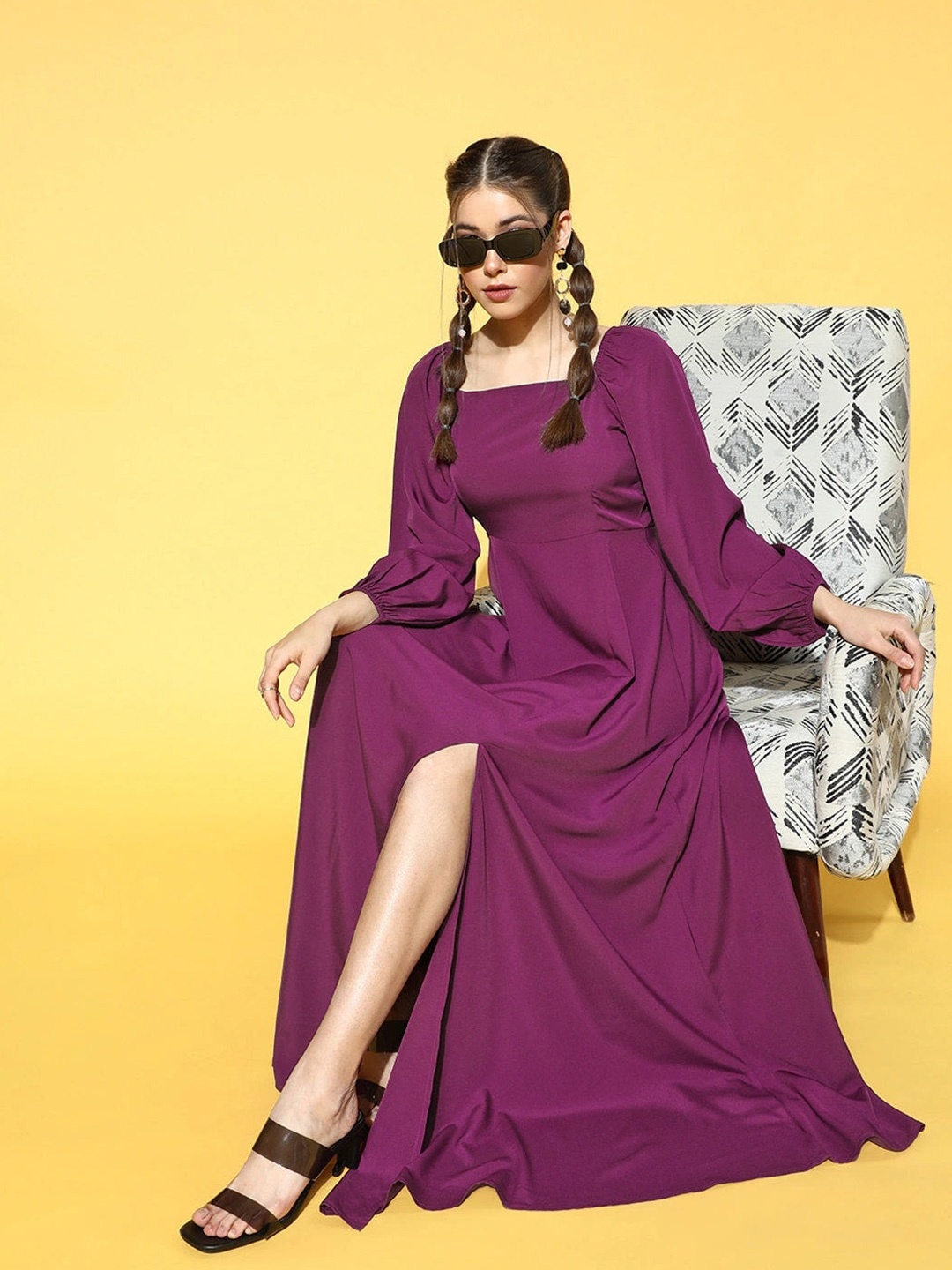 

Femvy Square Neck Puff Sleeves Slit Maxi Dress, Magenta
