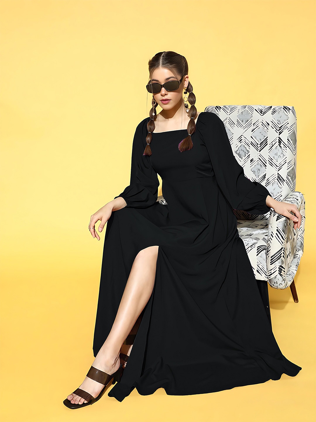 

Femvy Square Neck Puff Sleeves Slit Maxi Dress, Black
