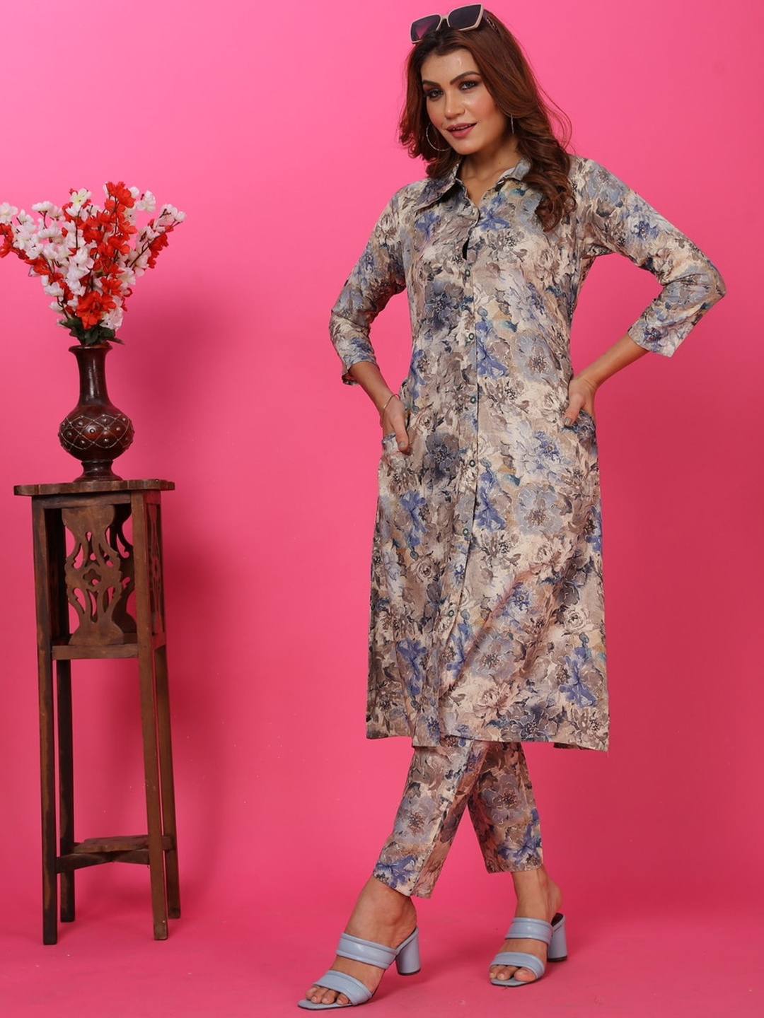 

Rujave Floral Printed Tunic With Trousers Co-Ords, Cream