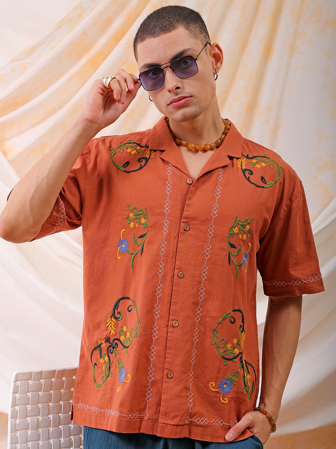 

The Indian Garage Co Men Relaxed Fit Embroidery Resortwear Shirt, Rust