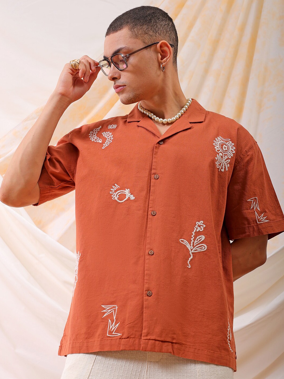 

The Indian Garage Co Rust Relaxed Fit Floral Embroidered Cuban Collar Cotton Casual Shirt