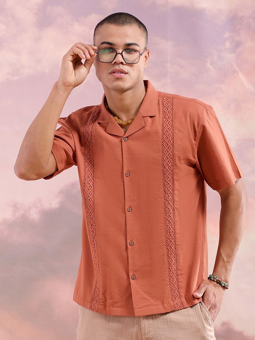 

The Indian Garage Co Men Relaxed Fit Embroidery Resortwear Shirt, Rust