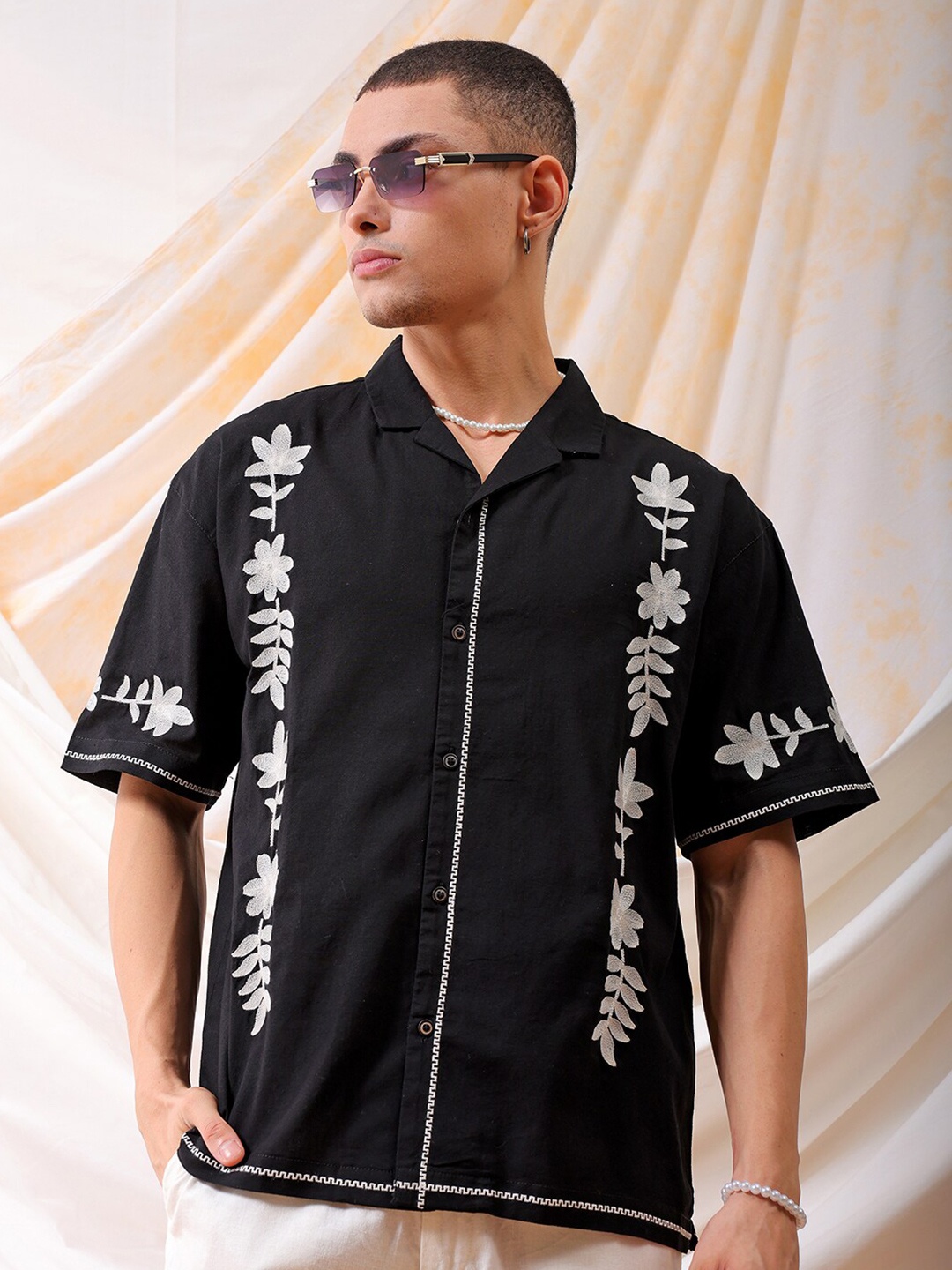 

The Indian Garage Co Black Relaxed Fit Floral Embroidered Cuban Collar Cotton Casual Shirt