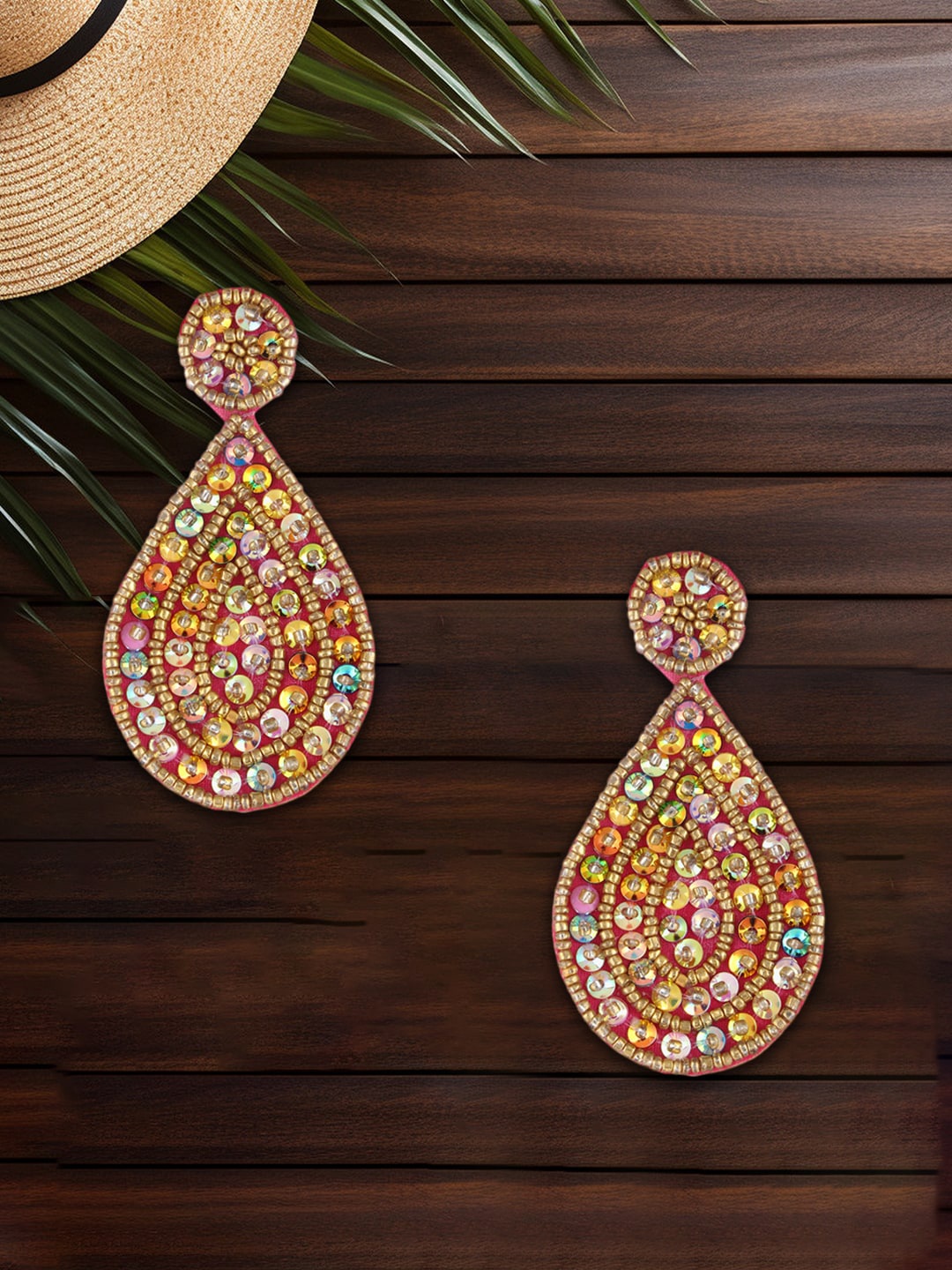 

Adwitiya Collection Gold-Plated Beads Beaded Teardrop Shaped Drop Earrings