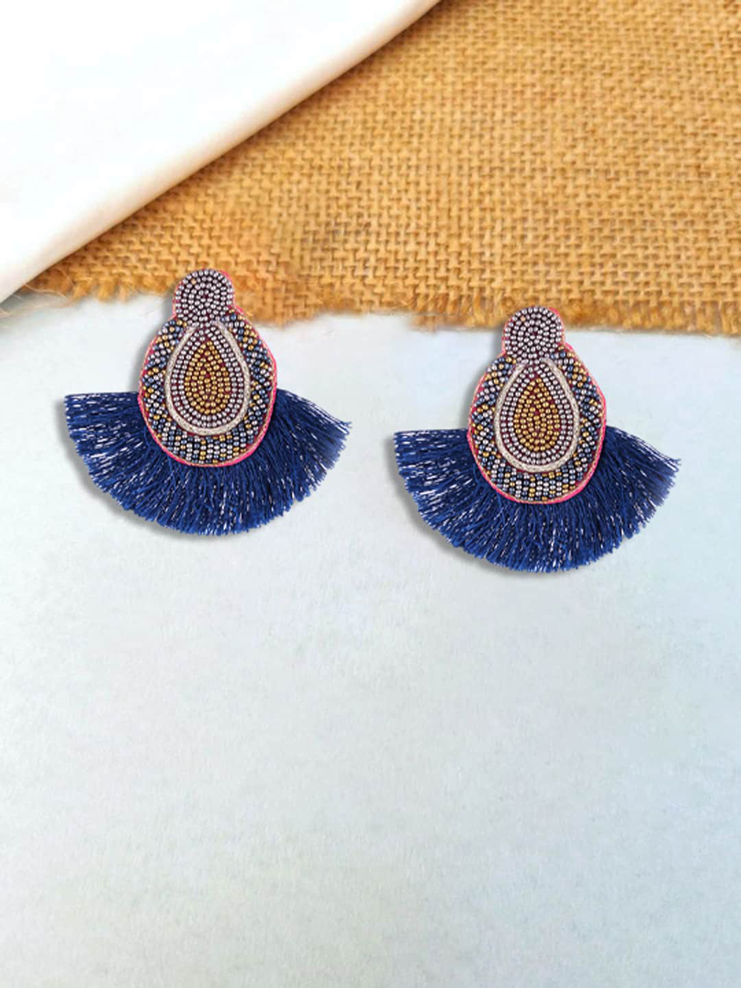 

Adwitiya Collection Gold-Plated Beaded Brass Teardrop Shaped Tasselled Drop Earrings