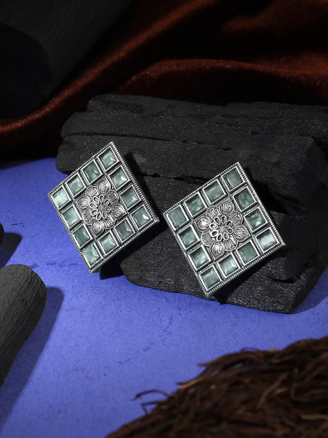 

Adwitiya Collection Silver-Plated Stone-Studded Oxidised Square Shape Studs Earrings