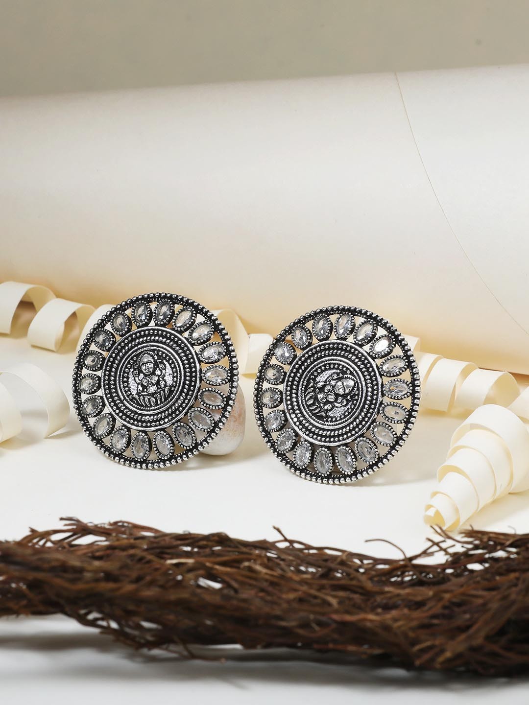 

Adwitiya Collection Silver-Plated Oxidised Stones Studded Circular Studs Earrings