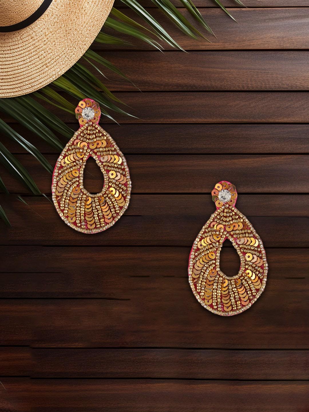

Adwitiya Collection Gold-Plated Stone Studded Oval Drop Earrings