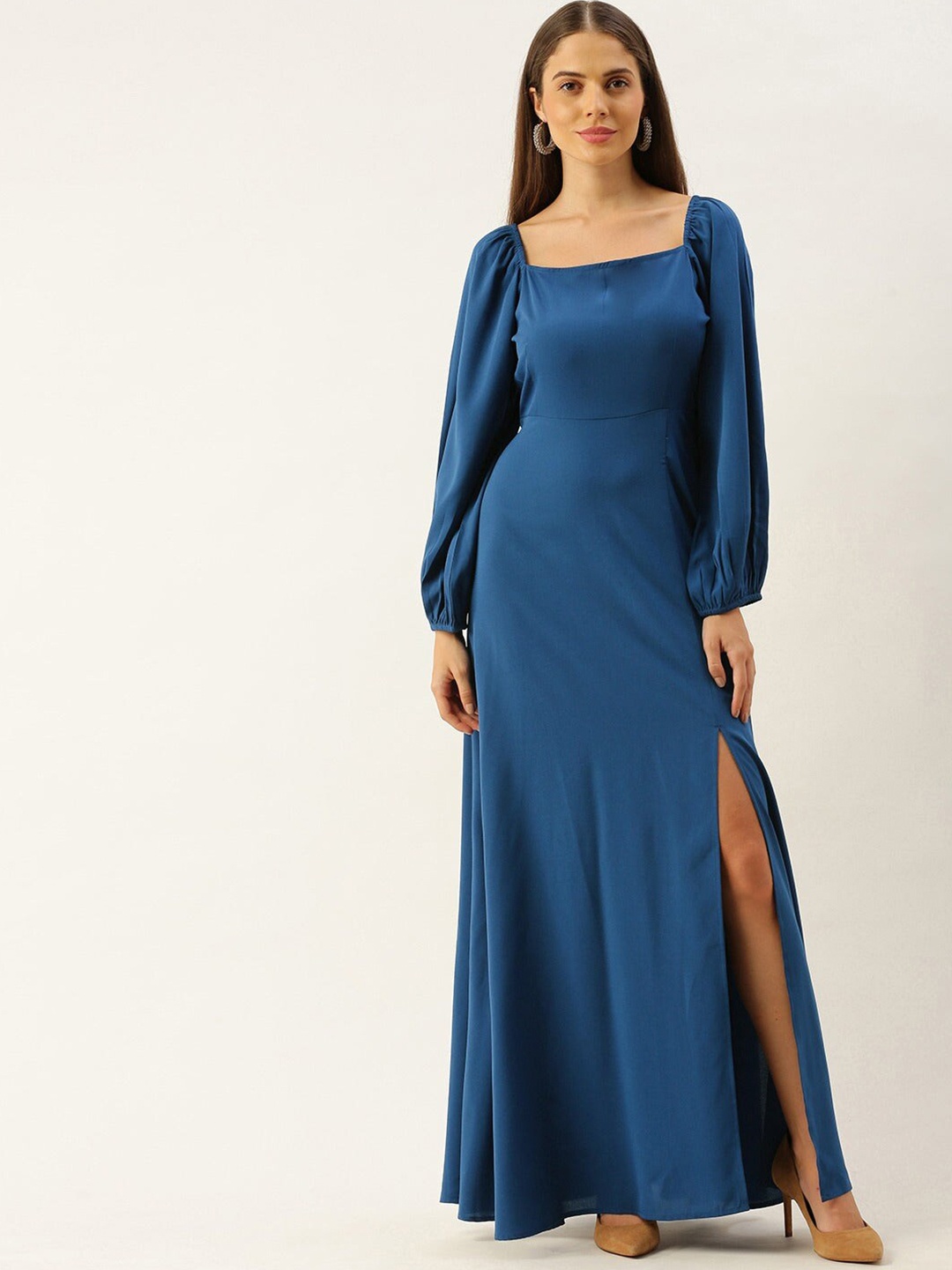 

Femvy Square Neck Puff Sleeves Slit Maxi Dress, Blue
