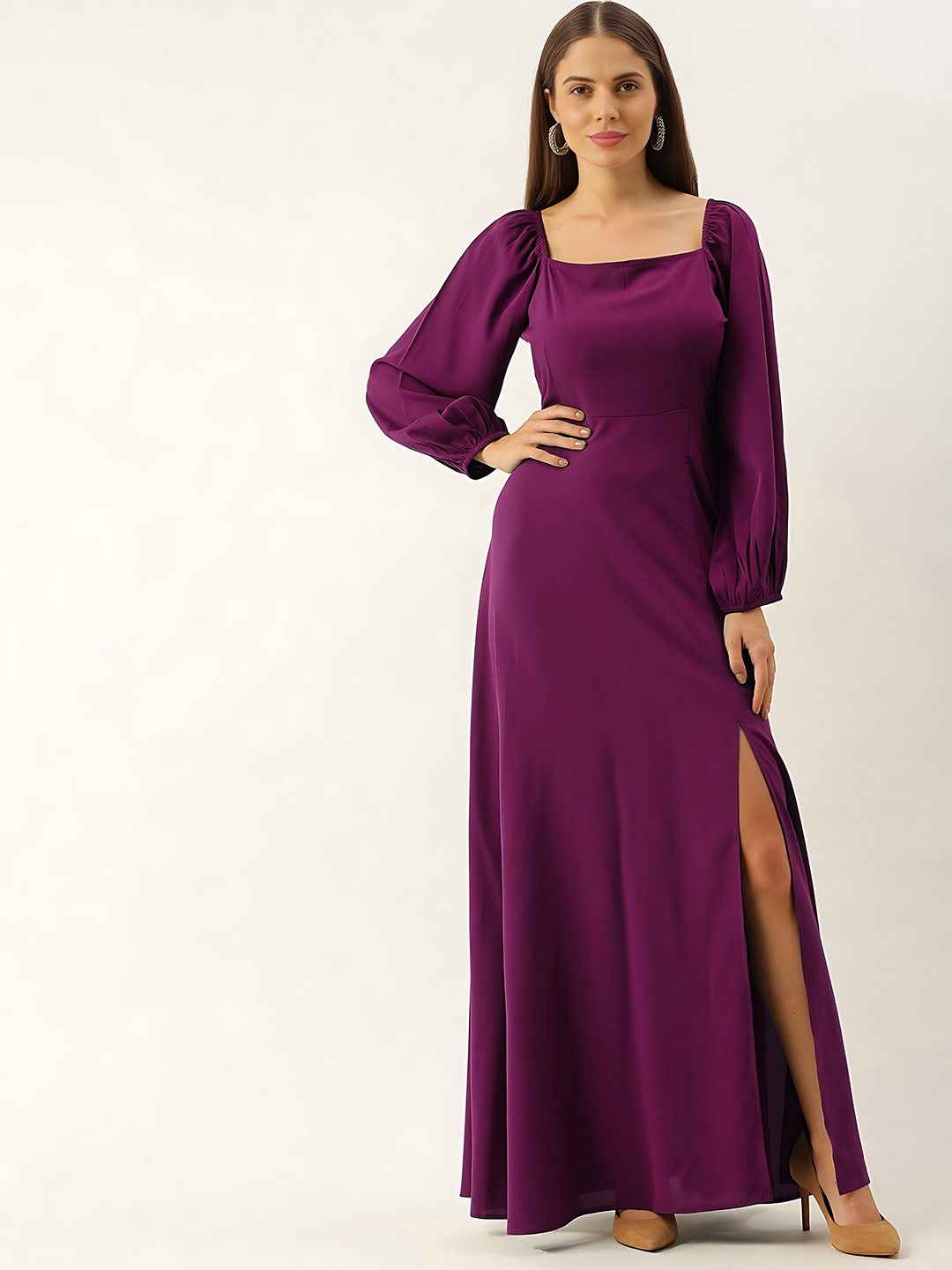 

Femvy Square Neck Puff Sleeves Slit Maxi Dress, Magenta