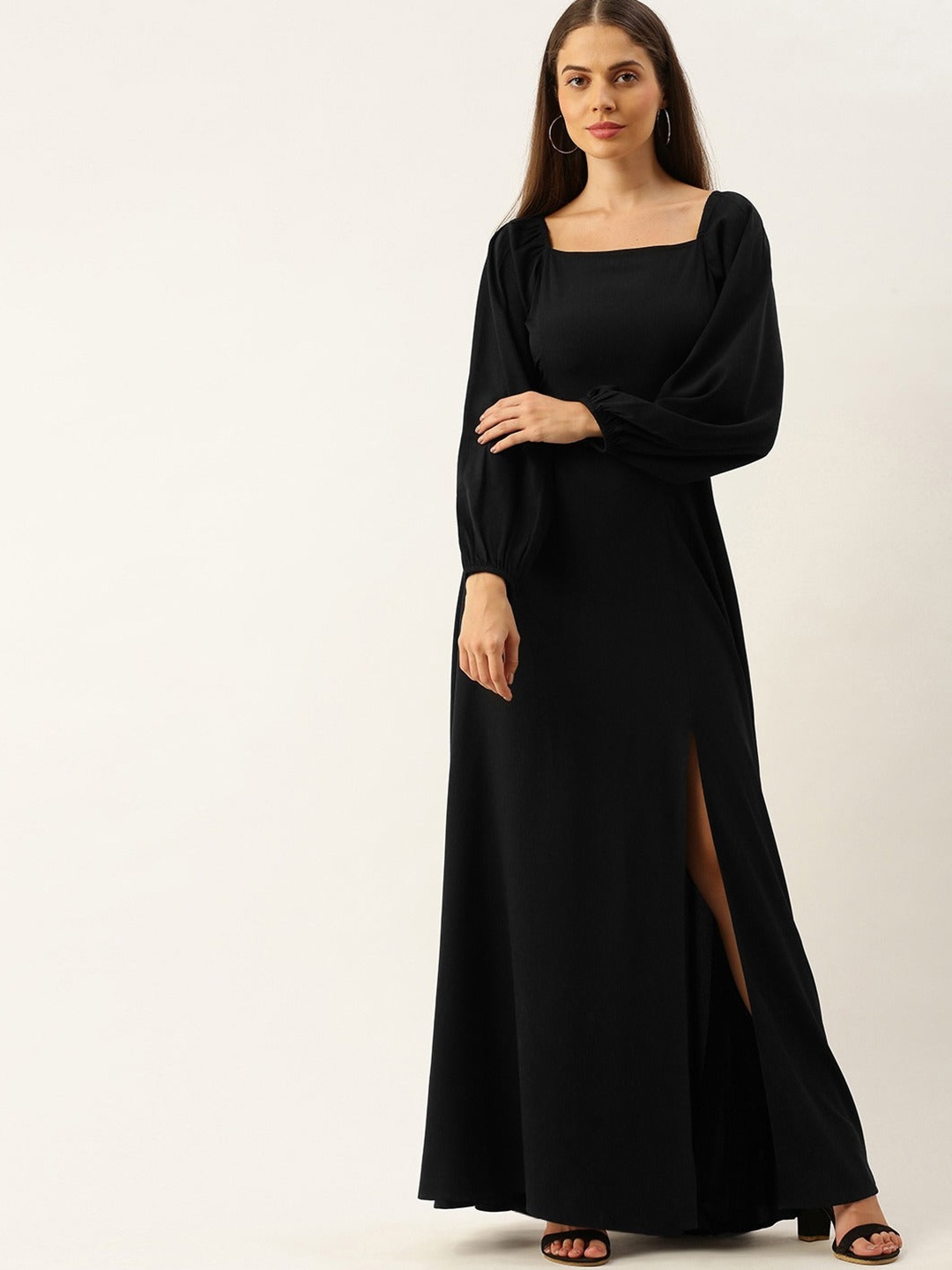 

Femvy Square Neck Puff Sleeves Slit Maxi Dress, Black