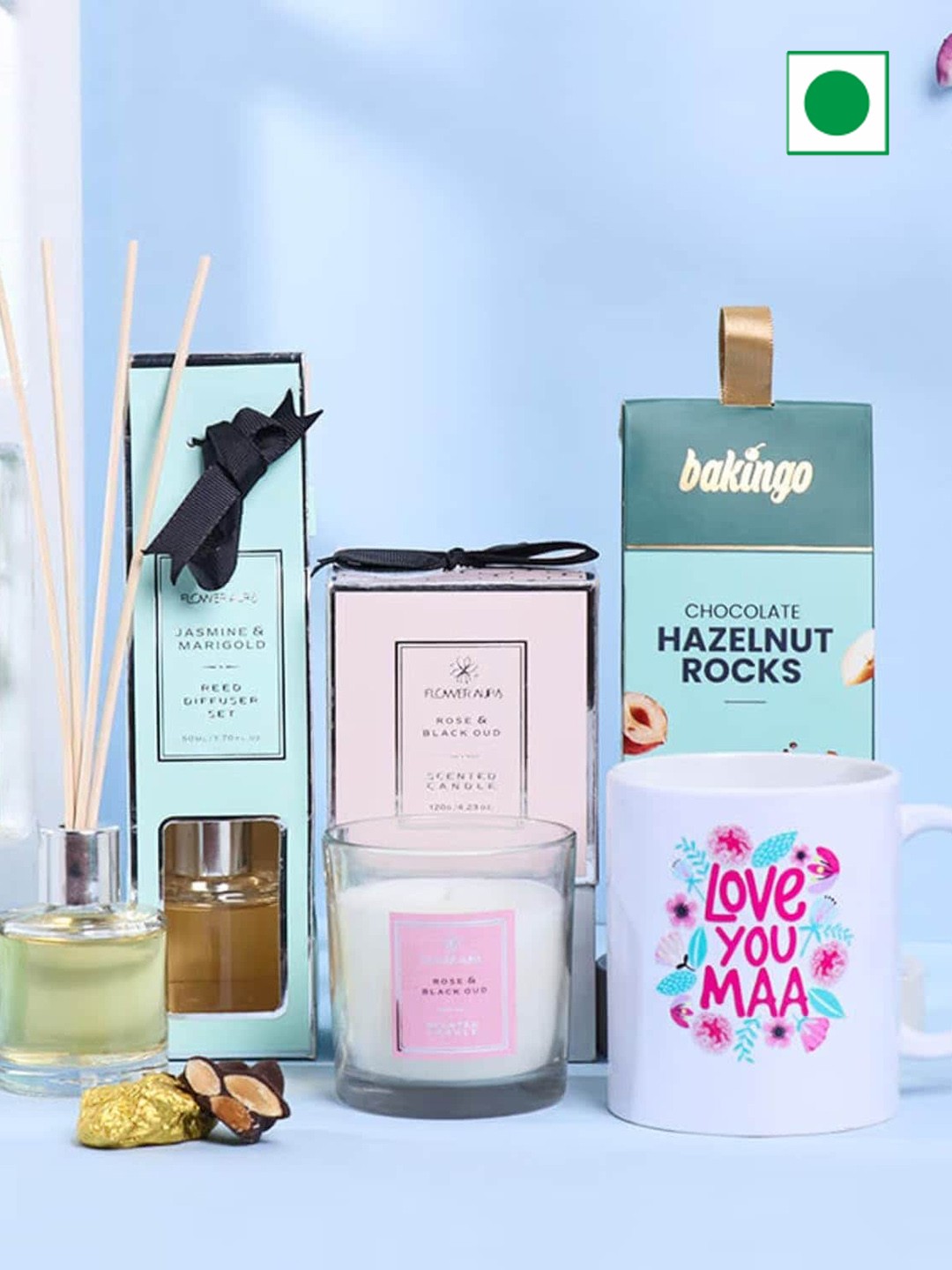 

Floweraura Printed Mug Hazelnut Chocolate Rocks Reed Diffuser Candle, Blue