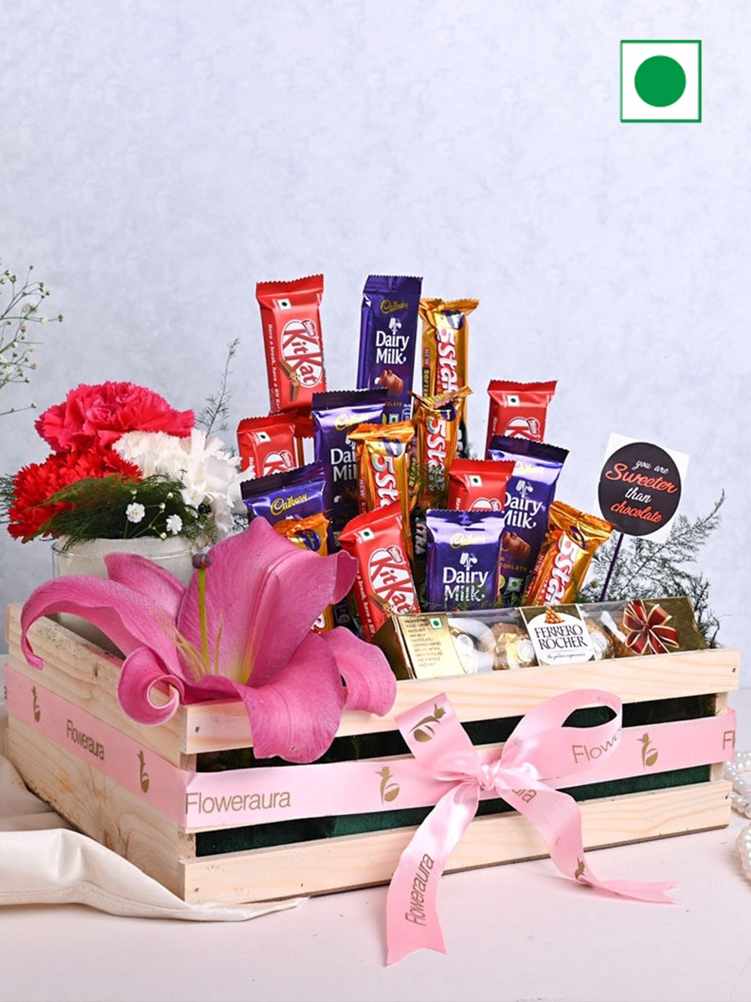 

Floweraura Set of 2 Fresh 4 Mix Flowers With 19 Chocolates In Basket Gifts, Red