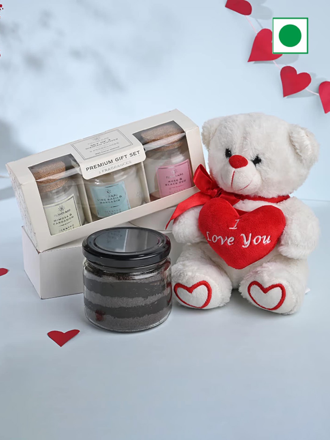 

Floweraura Set of 3 Cute Teddy Candles & Chocolate Jar Cake Gift, White