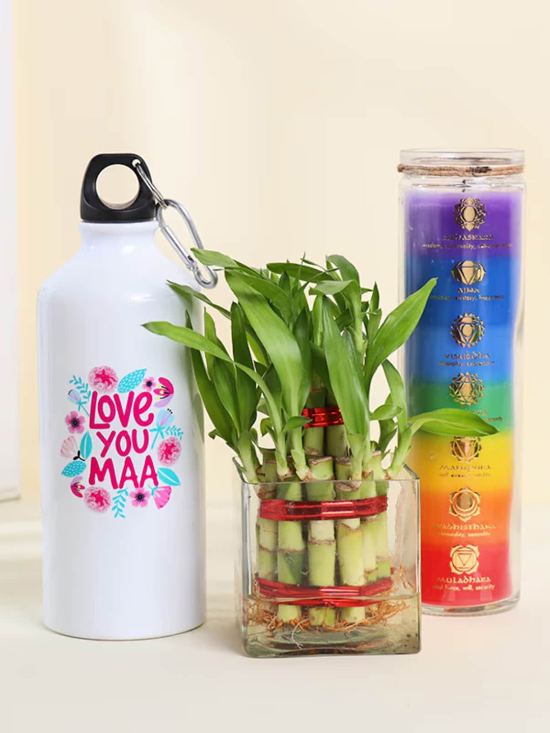 

Floweraura White & Blue 3 Pieces Lucky Bamboo Plant With Candle & Slipper Bottle