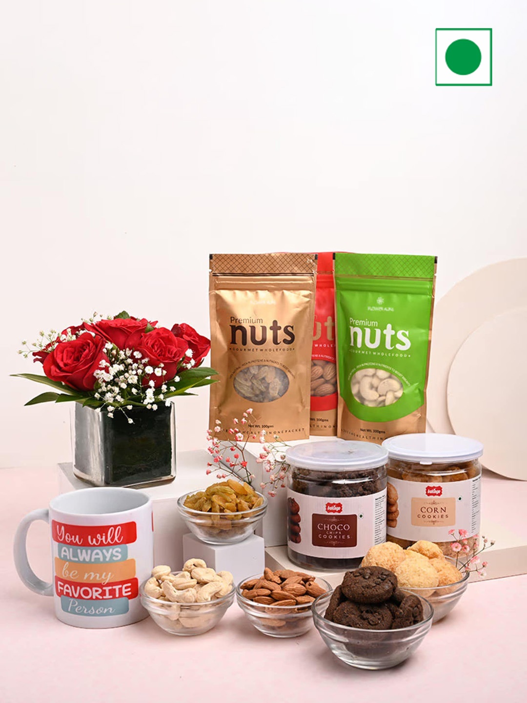 

Floweraura Pack of Dry Fruits 6 Roses Ceramic Mug Choco & Corn Cookies, Red