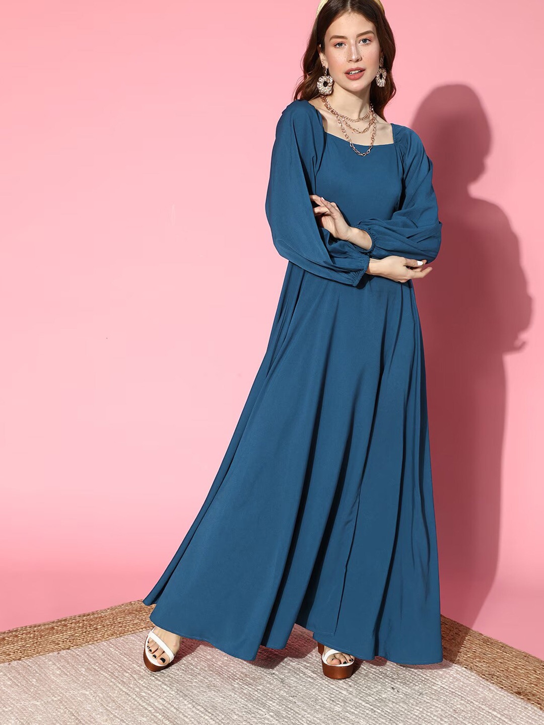 

Femvy Square Neck Puff Sleeves Slit Maxi Dress, Blue