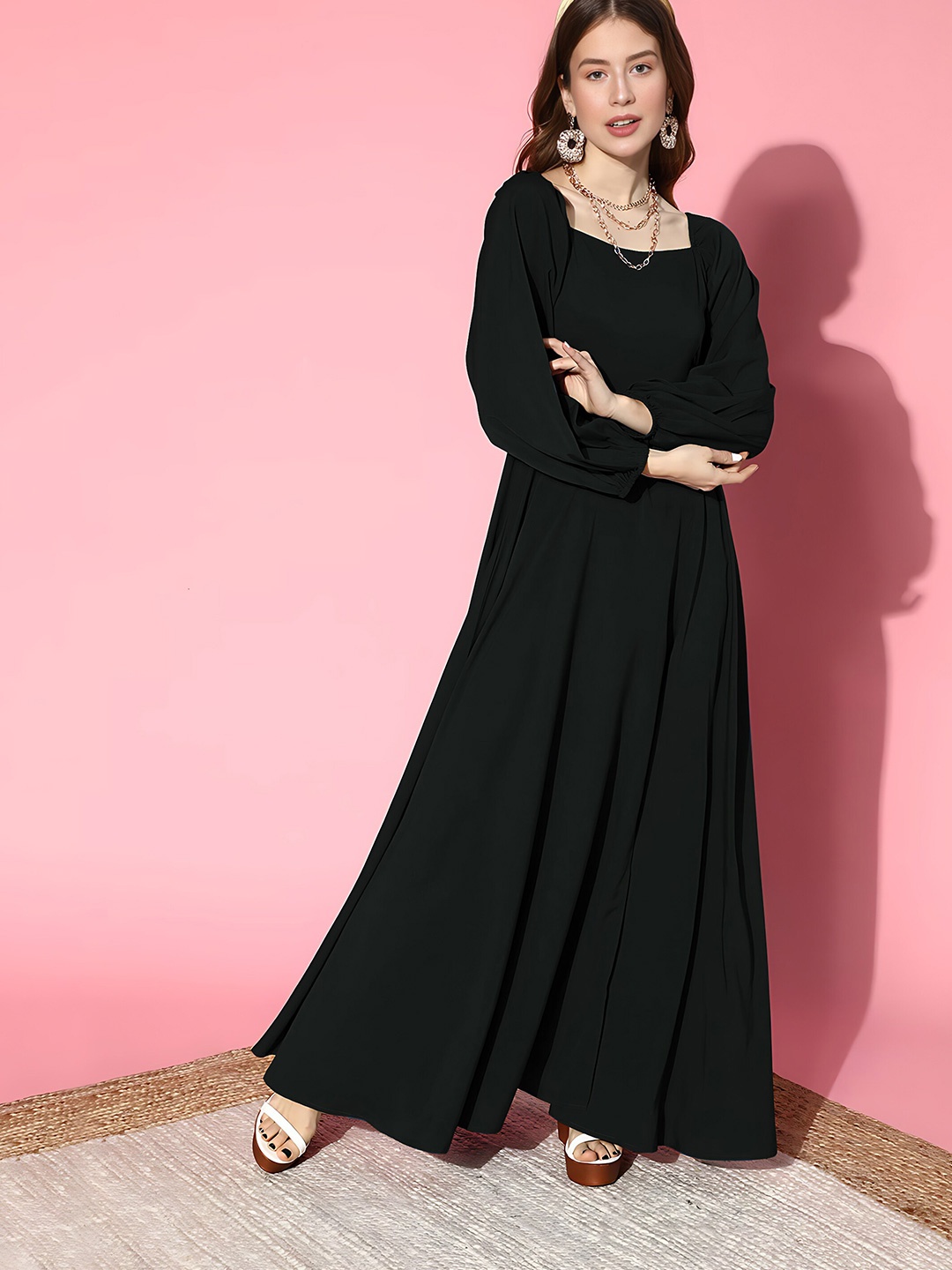 

Femvy Square Neck Puff Sleeves Slit Maxi Dress, Black