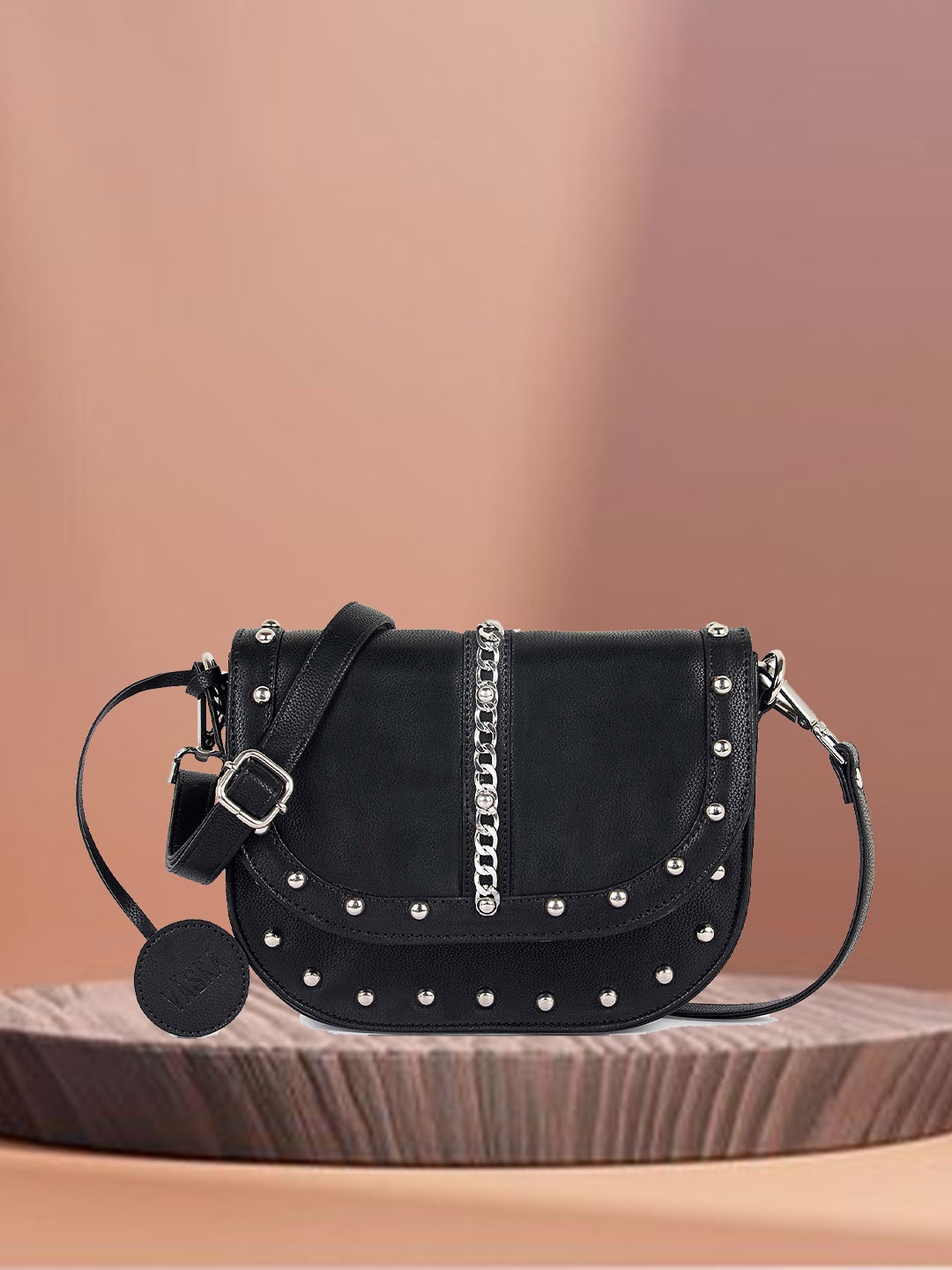 

VASKA Embellished Structured Sling Bag, Black