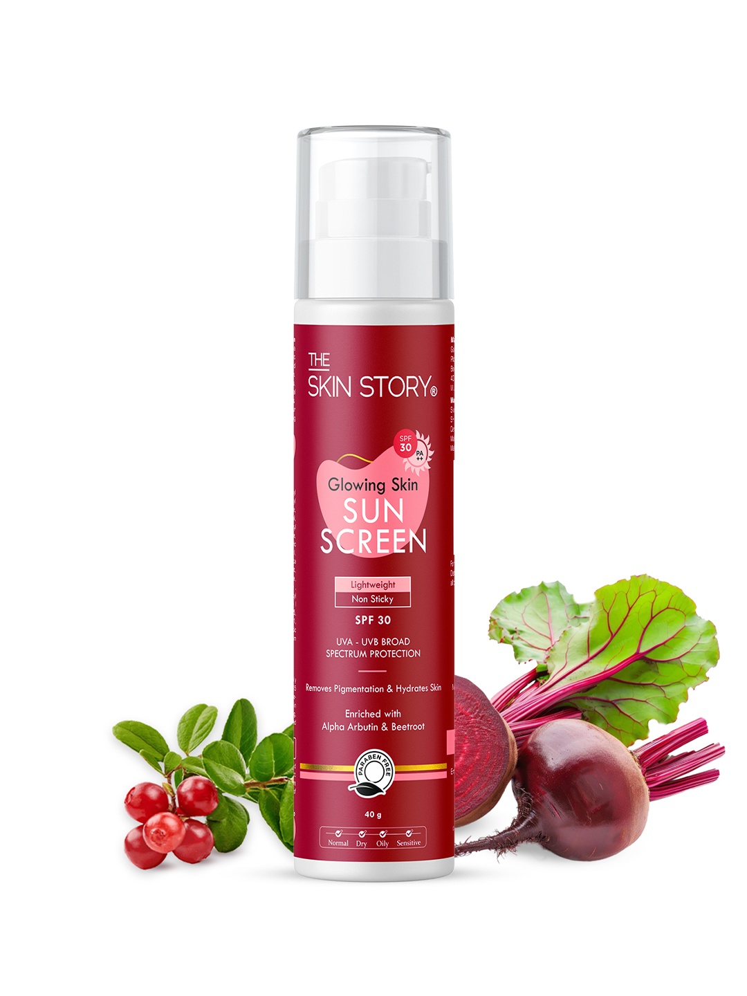 

THE SKIN STORY Glowing Skin Sunscreen SPF 30 UVA & UVB Protection PA++ With Beetroot-40g, Red