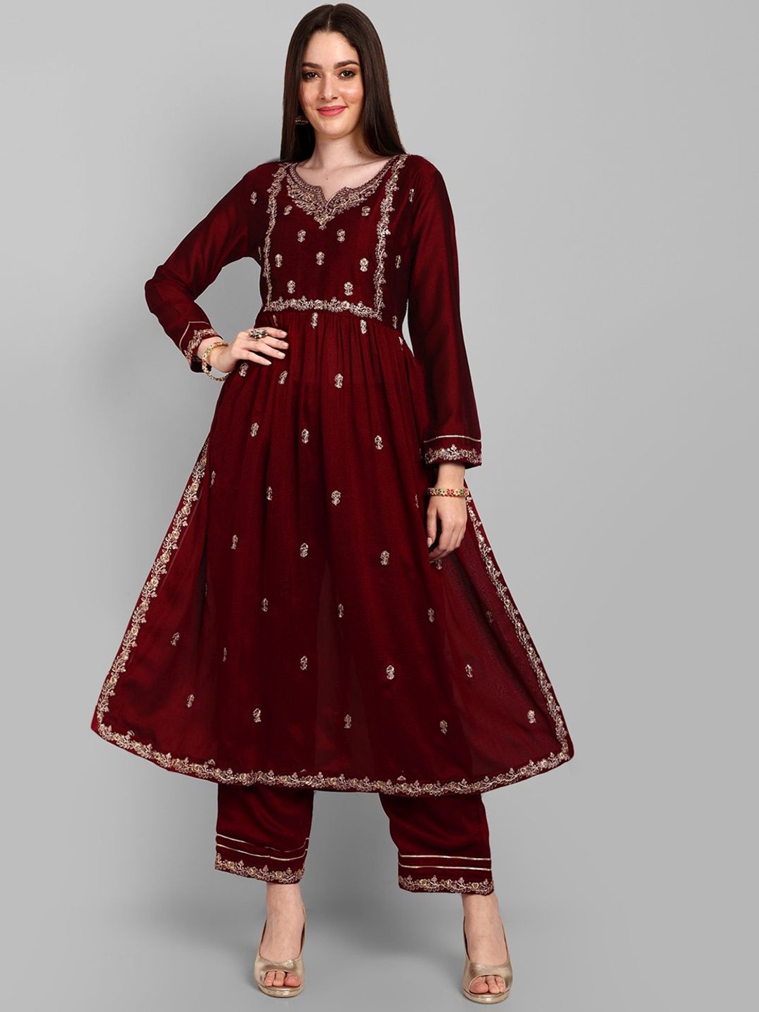 

Yara Creation Floral Embroidered Notch Neck Pure Silk A-Line Kurta With Trousers, Maroon