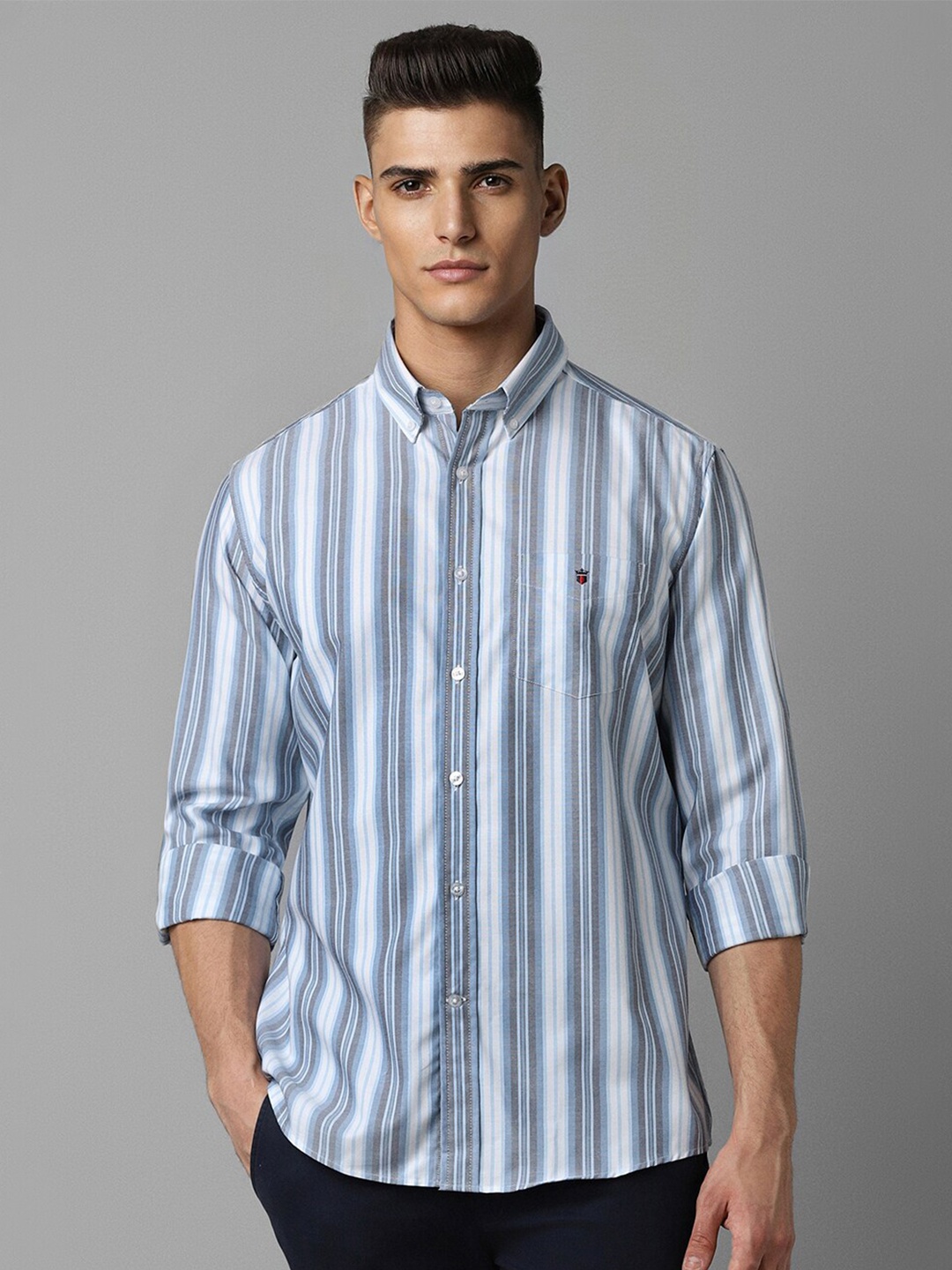 

Louis Philippe Sport Button Down Collar Long Sleeves Slim Fit Cotton Striped Casual Shirt, Blue