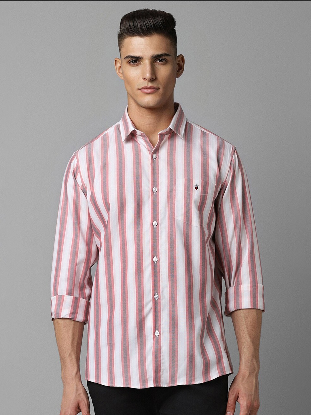 

Louis Philippe Sport Spread Collar Long Sleeves Slim Fit Striped Cotton Casual Shirt, White