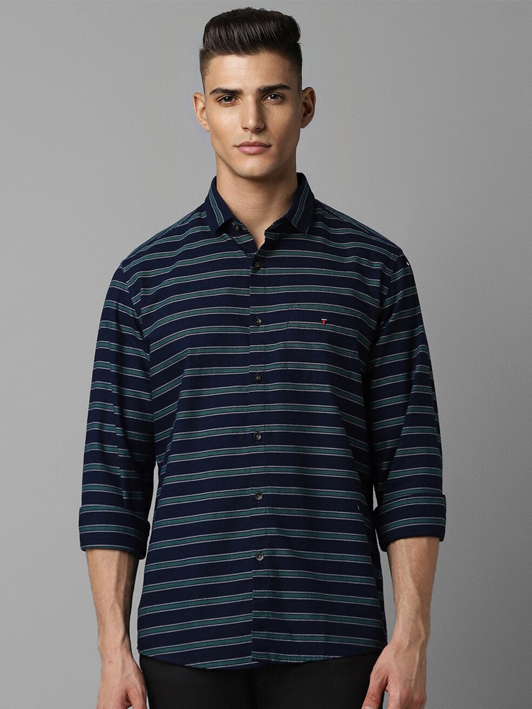 

Louis Philippe Sport Slim Fit Spread Collar Horizontal Stripes Striped Cotton Casual Shirt, Navy blue