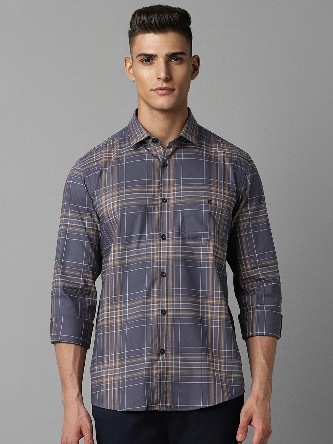 

Louis Philippe Sport Checked Cutaway Collar Slim Fit Cotton Casual Shirt, Grey