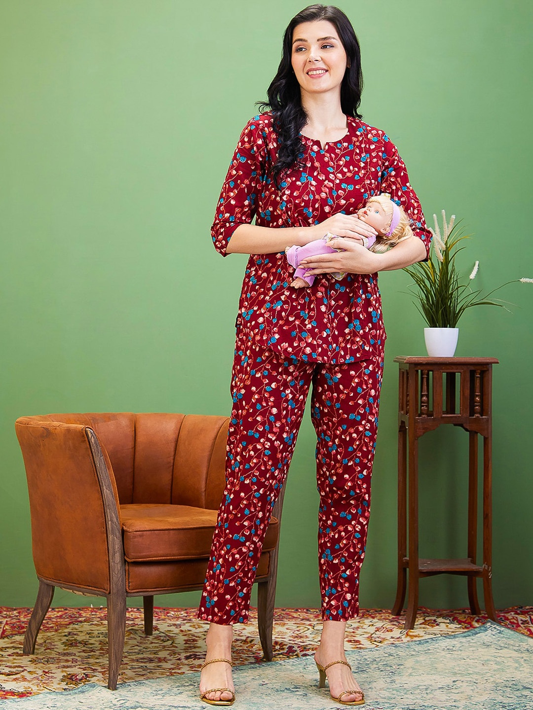 

AV2 Printed Pure Cotton Maternity Co-Ords Set, Maroon