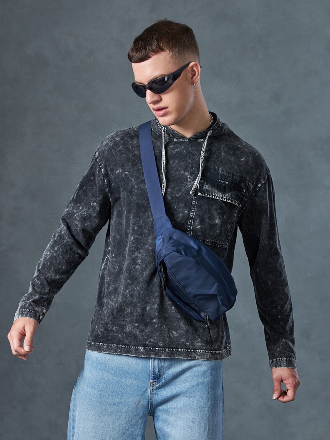 

Bewakoof Acid Wash Hooded Long Sleeves Pockets Cotton Oversized T-shirt, Black