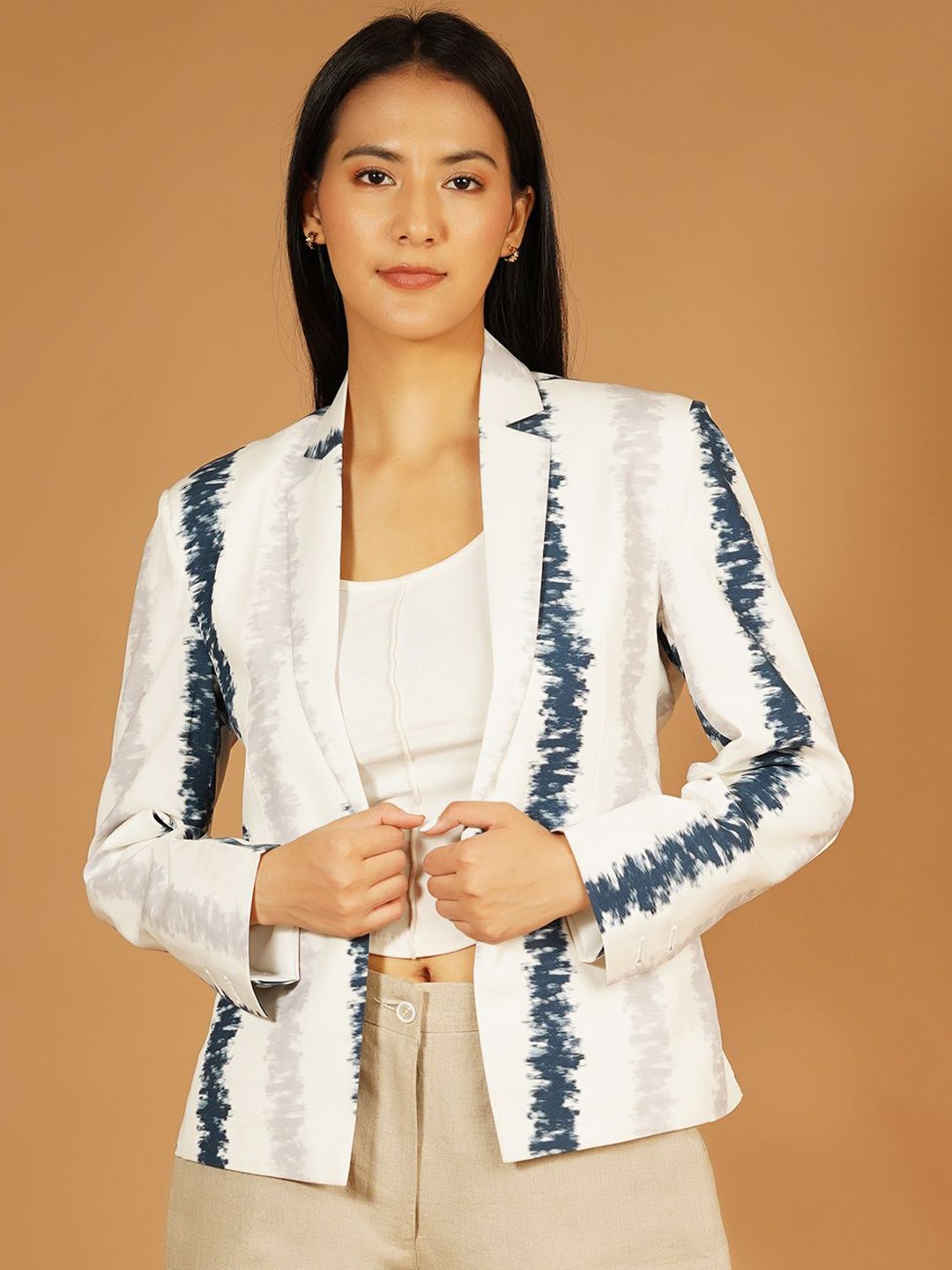 

Talethread Printed Pure Cotton Single-Breasted Casual Blazer, White