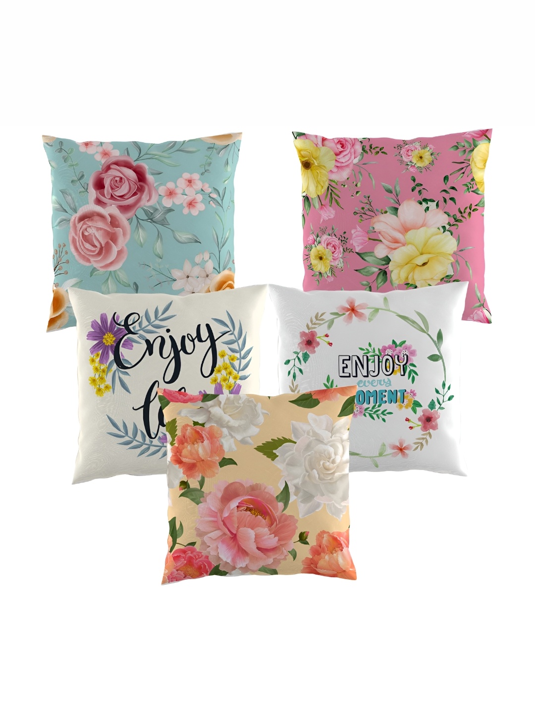 

SCPmarts White & Pink 5 Pieces Floral Printed Cotton Linen Square Cushion Covers