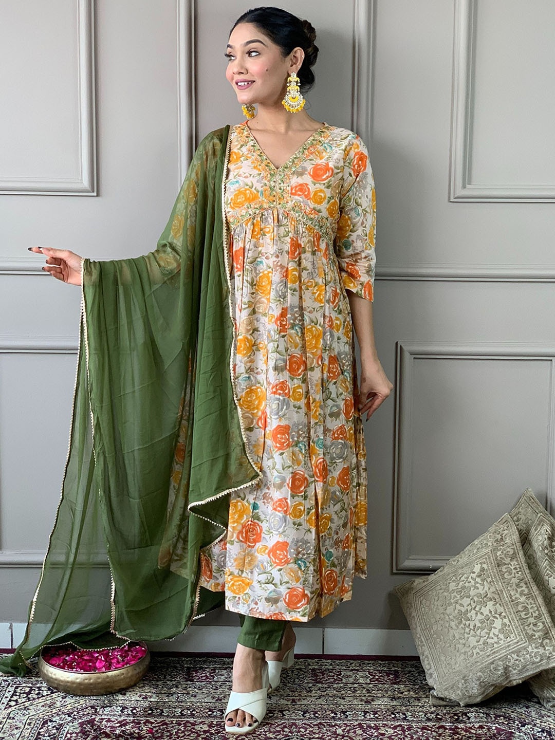 

NIZA FASHION Floral Printed Embroidered A Line Kurta With Trousers & Dupatta, Orange