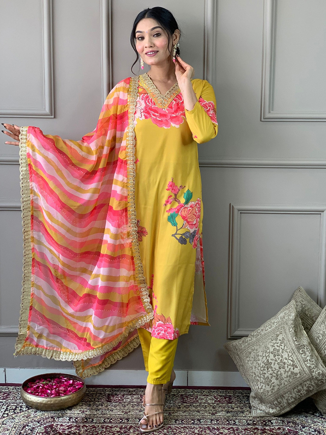 

NIZA FASHION Floral Printed Embroidery Thread Work Straight Kurta with Trousers & Dupatta, Yellow