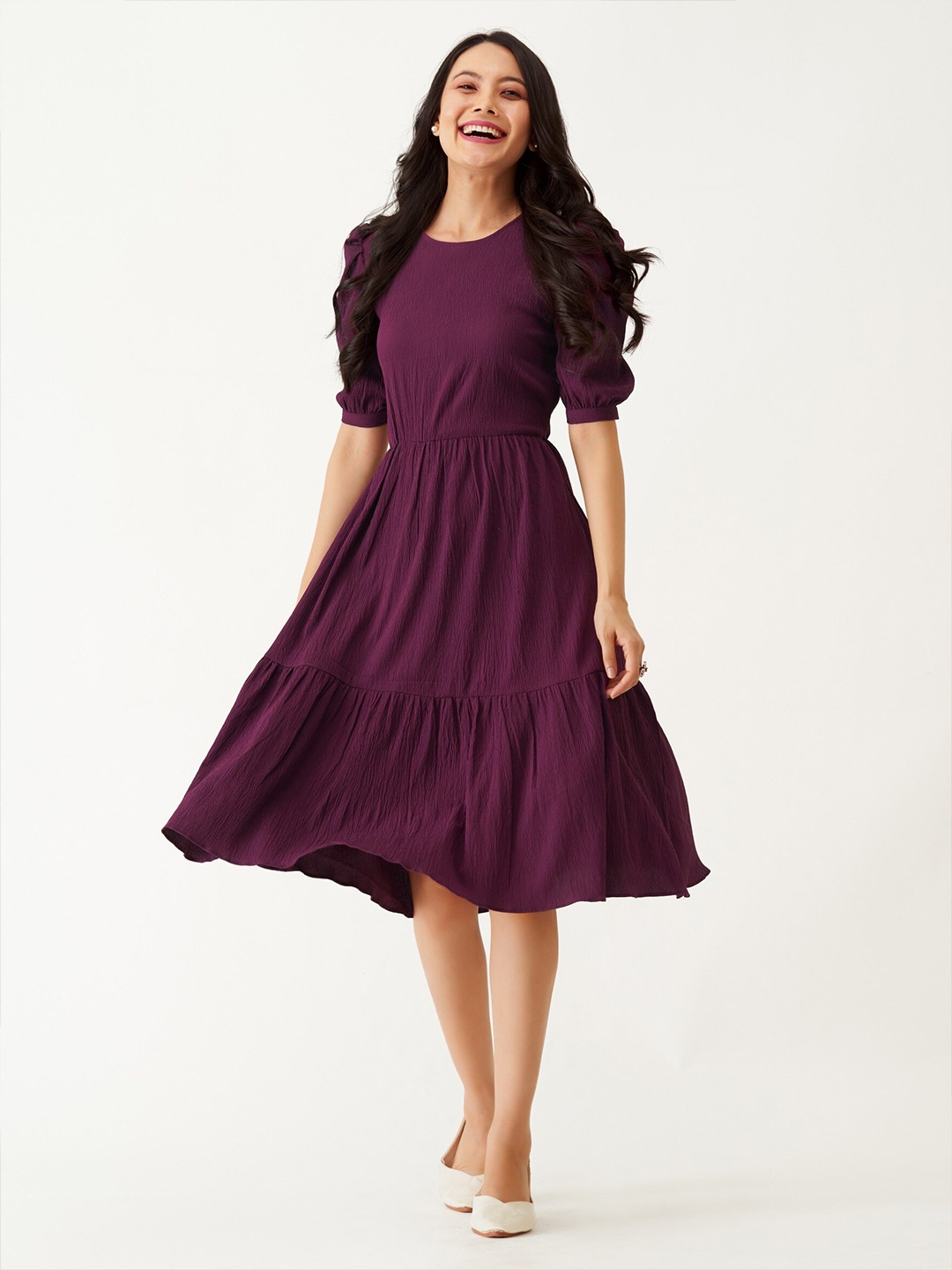 

Femvy Puff Sleeve Fit & Flare Dress, Magenta