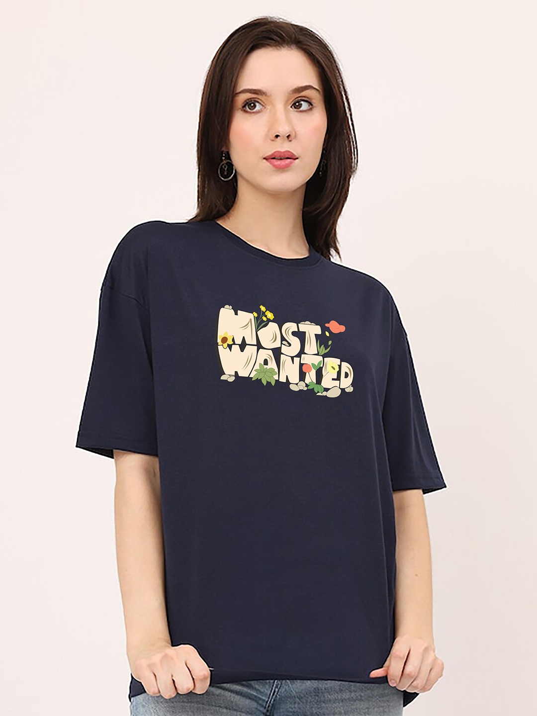 

MISCHIEF MONKEY Typography Printed Drop-Shoulder Sleeves Oversized Cotton T-shirt, Navy blue