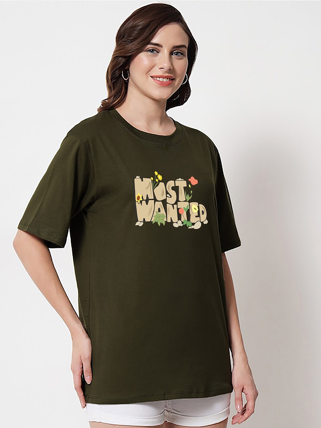 

MISCHIEF MONKEY Typography Printed Drop-Shoulder Sleeves Oversized Cotton T-shirt, Olive