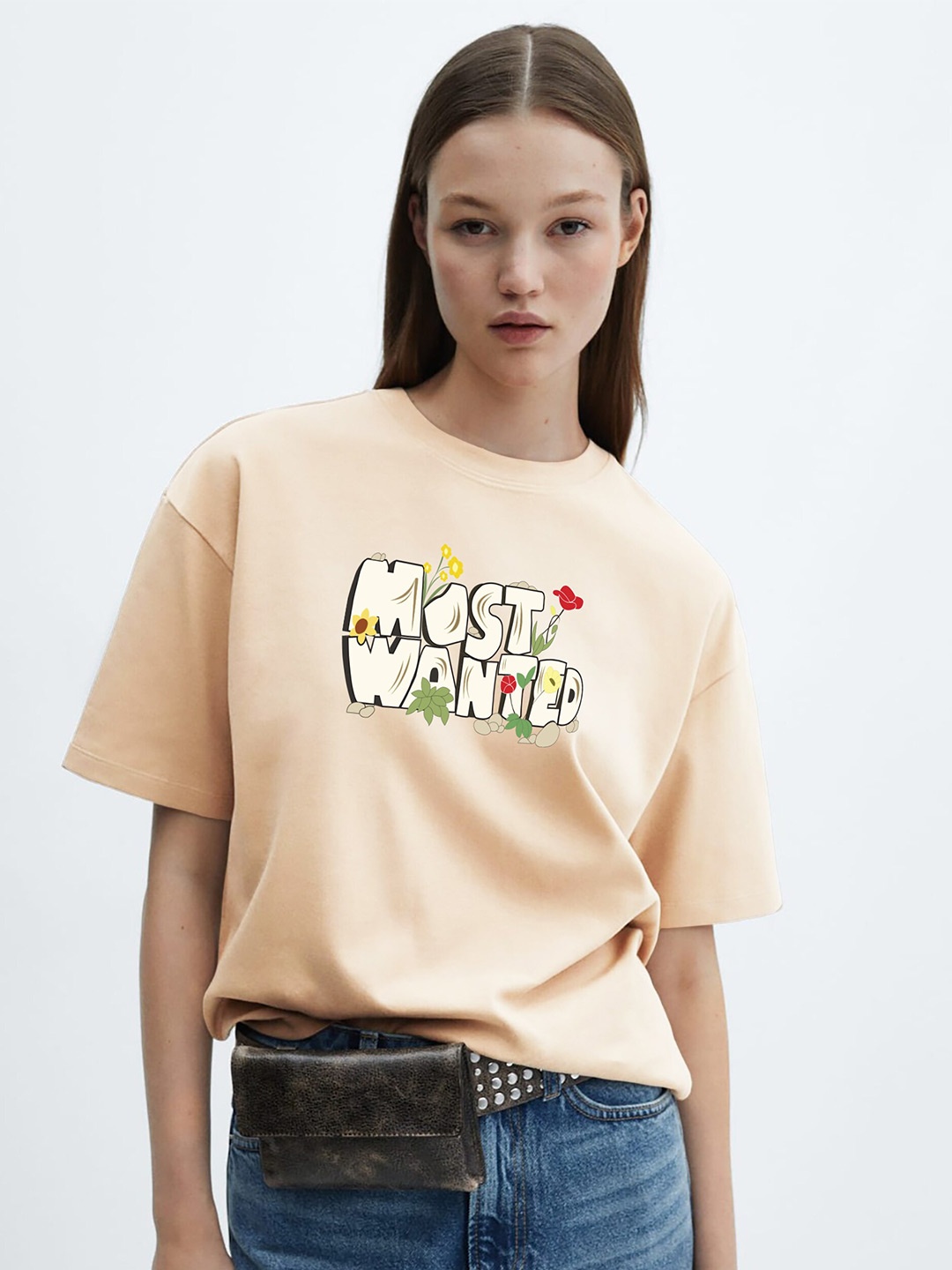 

MISCHIEF MONKEY Round Neck Floral Printed Oversized T-shirt, Beige