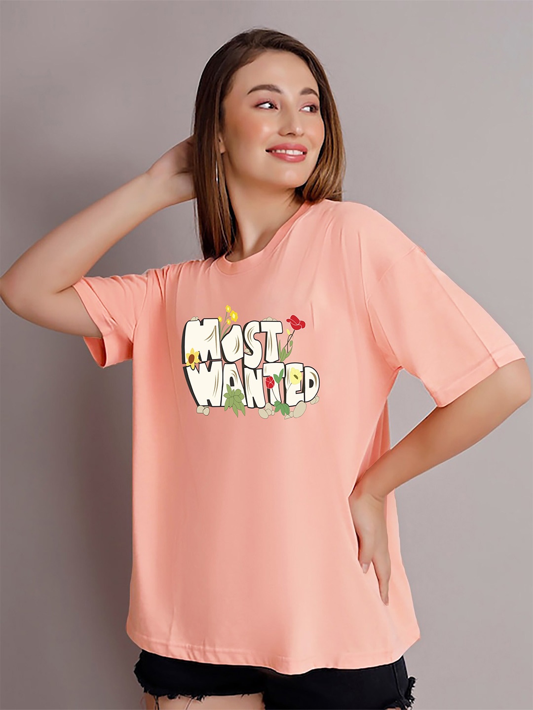 

MISCHIEF MONKEY Typography Printed Drop-Shoulder Sleeves Oversized Cotton T-shirt, Peach