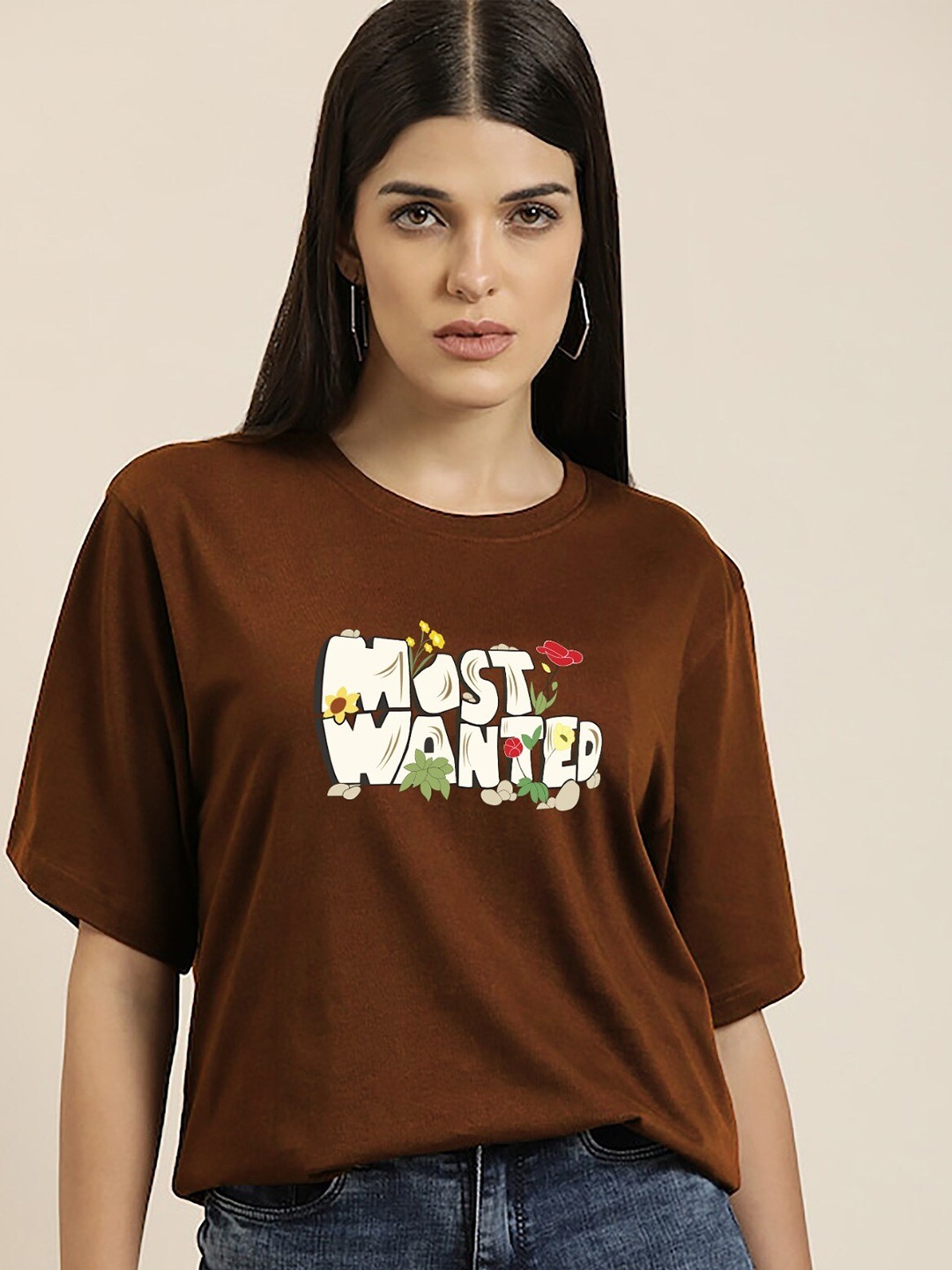 

MISCHIEF MONKEY Round Neck Printed Drop Shoulder Sleeves Oversized T-shirt, Coffee brown