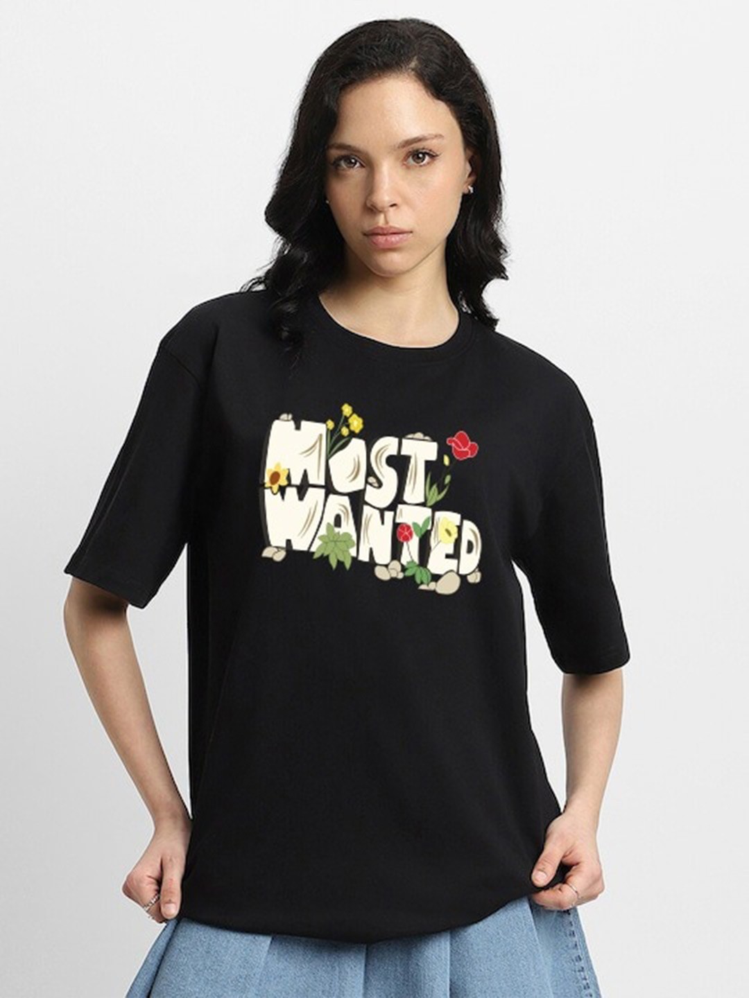 

MISCHIEF MONKEY Printed Drop-Shoulder Sleeves Oversized T-shirt, Black