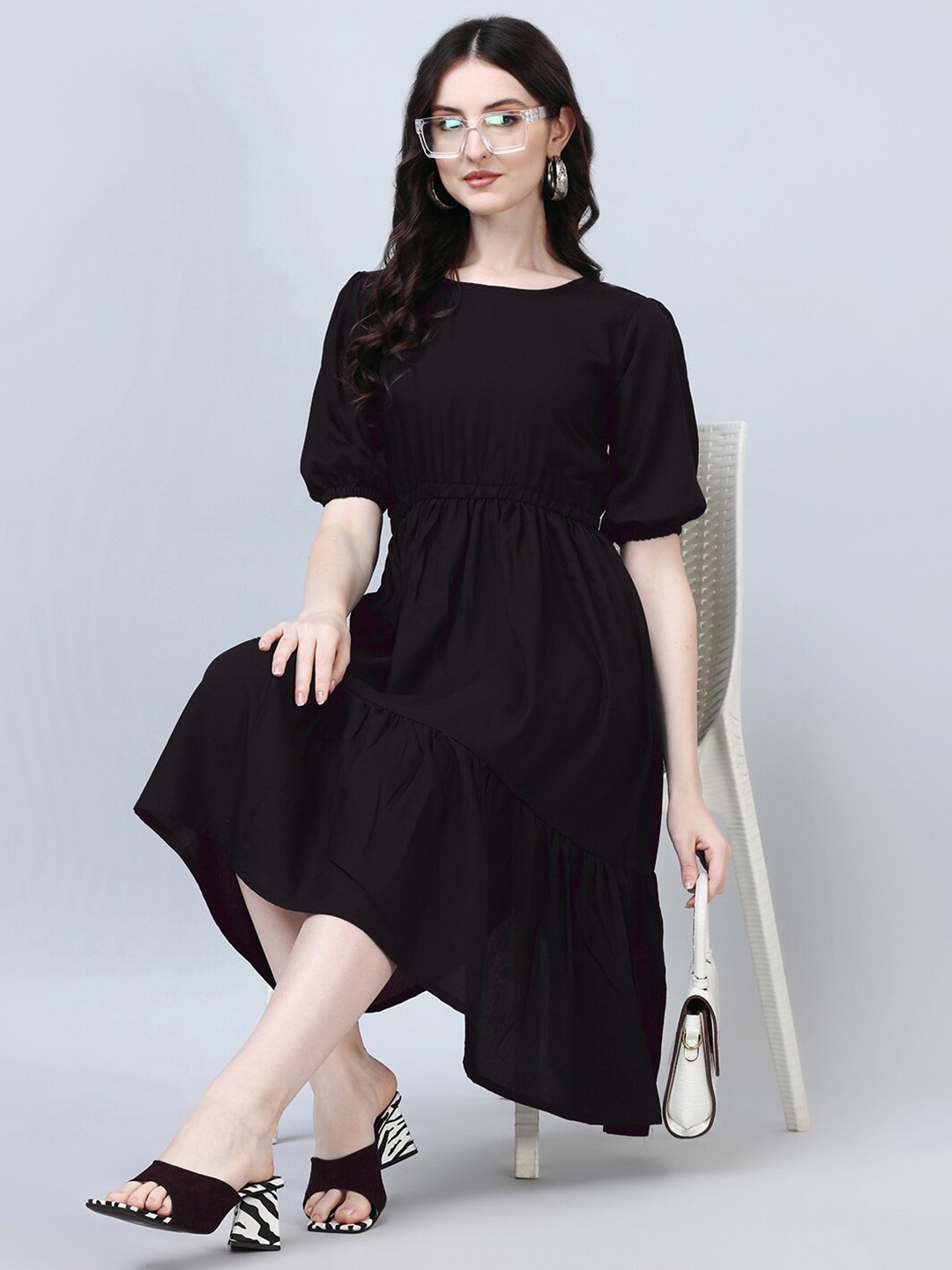 

Femvy Puff Sleeve Fit & Flare Midi Dress, Black