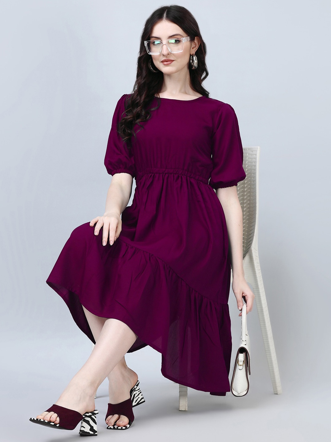 

Femvy Puff Sleeve Tiered Fit & Flare Midi Dress, Magenta